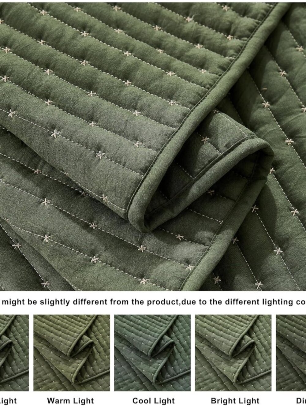 Olive Green Cross Stitch Queen Size Quilt Set, Striped Lightweight Soft Bedsprea - Picture 5 of 9